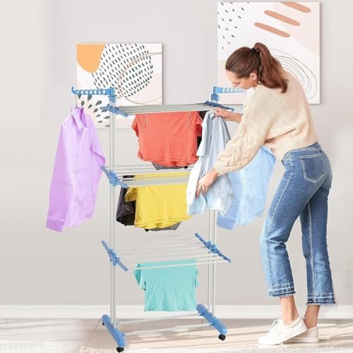 Cuisine Art 3-Tier Folding Cloth Drying Rack, Folding Clothes Rail Of Clothes Hanger, Adjustable Stainless Steel Rail with Two Side Foldable Wings for Indoor and Outdoor Use, Blue