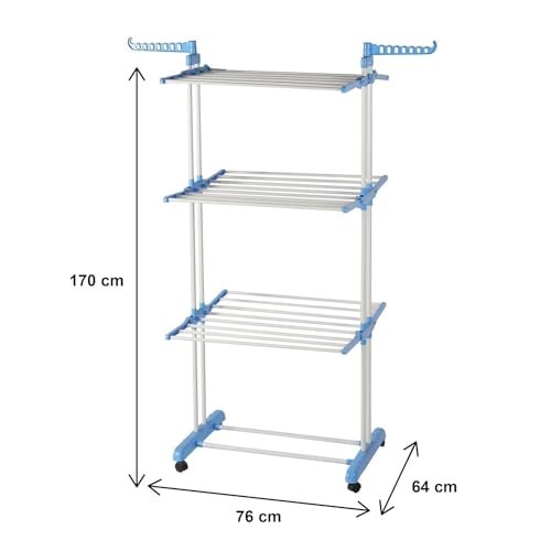 Cuisine Art 3-Tier Folding Cloth Drying Rack, Folding Clothes Rail Of Clothes Hanger, Adjustable Stainless Steel Rail with Two Side Foldable Wings for Indoor and Outdoor Use, Blue
