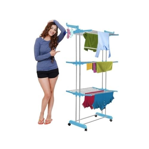 Cuisine Art 3-Tier Folding Cloth Drying Rack, Folding Clothes Rail Of Clothes Hanger, Adjustable Stainless Steel Rail with Two Side Foldable Wings for Indoor and Outdoor Use, Blue