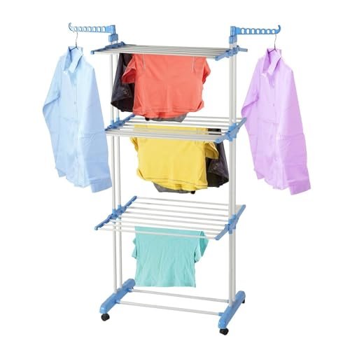 Cuisine Art 3-Tier Folding Cloth Drying Rack, Folding Clothes Rail Of Clothes Hanger, Adjustable Stainless Steel Rail with Two Side Foldable Wings for Indoor and Outdoor Use, Blue