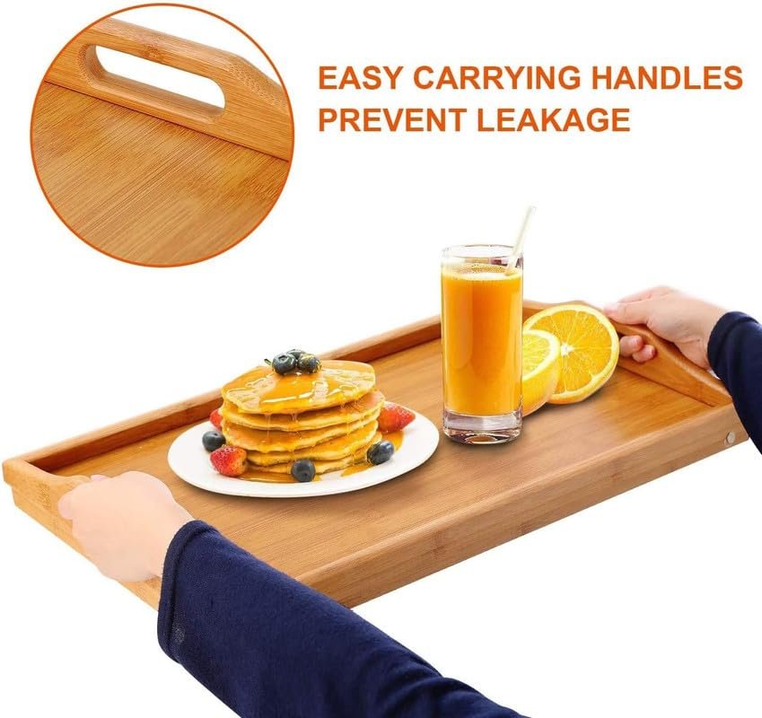 Mash 3-Piece Bamboo Breakfast Bed Tray Table With Handles And Folding Legs For Lap Tray, Sofa, Outdoor, Working, Eating - 60X30X23CM Beige