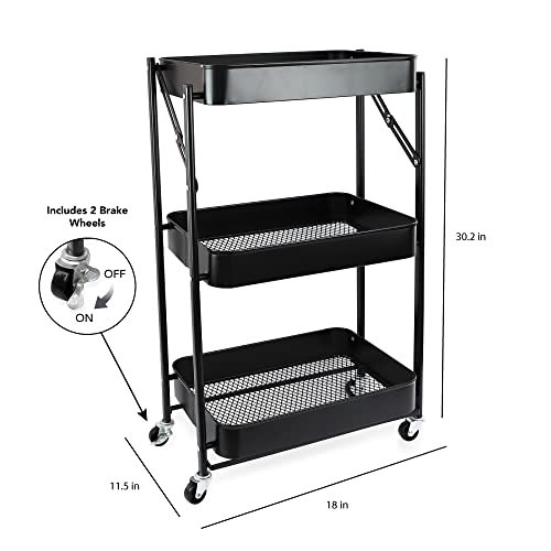 Isaac Jacobs 3-Tier Rolling Cart, Foldable Mobile Storage Organizer with Caster Wheels, Lightweight Multi-Purpose Metal Utility Cart for Office, Kitchen, Bathroom, Bedroom (Black)