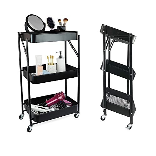 Isaac Jacobs 3-Tier Rolling Cart, Foldable Mobile Storage Organizer with Caster Wheels, Lightweight Multi-Purpose Metal Utility Cart for Office, Kitchen, Bathroom, Bedroom (Black)