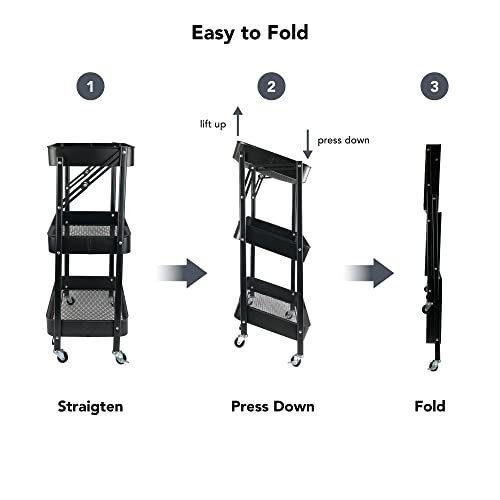 Isaac Jacobs 3-Tier Rolling Cart, Foldable Mobile Storage Organizer with Caster Wheels, Lightweight Multi-Purpose Metal Utility Cart for Office, Kitchen, Bathroom, Bedroom (Black)