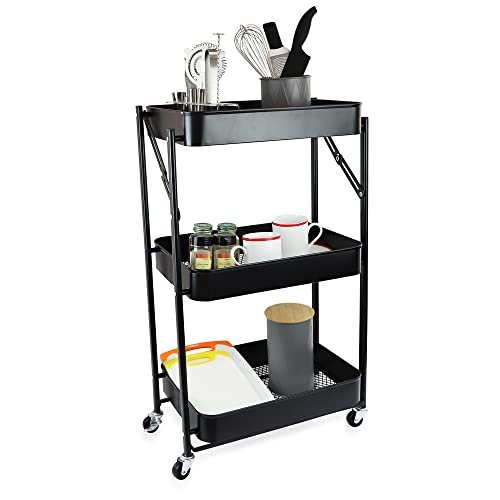 Isaac Jacobs 3-Tier Rolling Cart, Foldable Mobile Storage Organizer with Caster Wheels, Lightweight Multi-Purpose Metal Utility Cart for Office, Kitchen, Bathroom, Bedroom (Black)