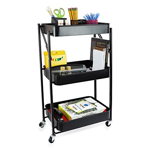 Isaac Jacobs 3-Tier Rolling Cart, Foldable Mobile Storage Organizer with Caster Wheels, Lightweight Multi-Purpose Metal Utility Cart for Office, Kitchen, Bathroom, Bedroom (Black)