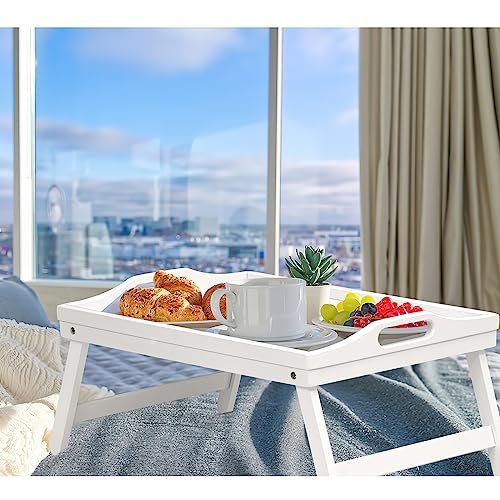 Mxbamhyc 2 Pack Bed Tray Table Breakfast Trays Serving Tray Bamboo Bed Laptap with Floding Legs Handles and Phone Holders