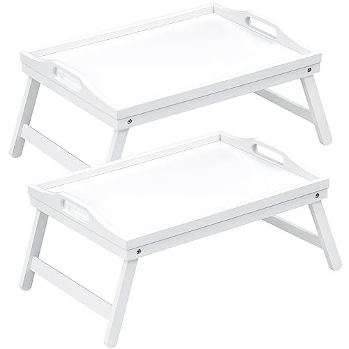 Mxbamhyc 2 Pack Bed Tray Table Breakfast Trays Serving Tray Bamboo Bed Laptap with Floding Legs Handles and Phone Holders