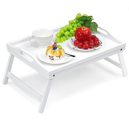 Mxbamhyc 2 Pack Bed Tray Table Breakfast Trays Serving Tray Bamboo Bed Laptap with Floding Legs Handles and Phone Holders