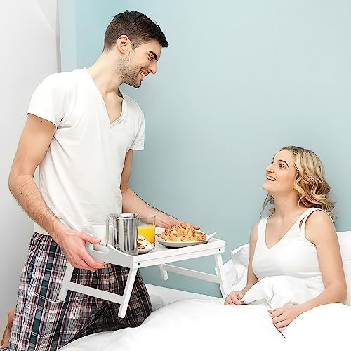 Mxbamhyc 2 Pack Bed Tray Table Breakfast Trays Serving Tray Bamboo Bed Laptap with Floding Legs Handles and Phone Holders