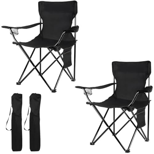 Damei Century Portable Camping Chairs, Black, 2PC, 300Lbs Capacity, Foldable, Cup Holder, Outdoor, Casual, Adult