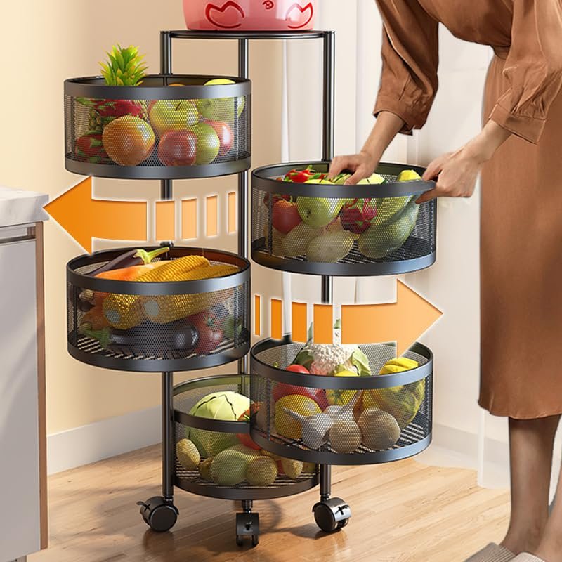PEALOV Rotating Multi-Layer Kitchen Shelf, 5-Tier Fruit & Vegetable Rack, Black Carbon Steel, Modern Design, 360° Movable, 50kg Capacity