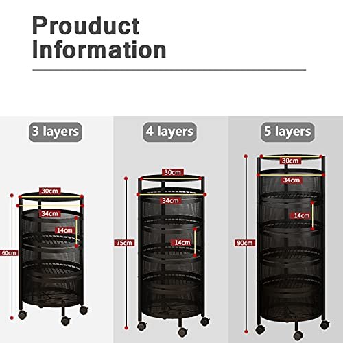 PEALOV Rotating Multi-Layer Kitchen Shelf, 5-Tier Fruit & Vegetable Rack, Black Carbon Steel, Modern Design, 360° Movable, 50kg Capacity