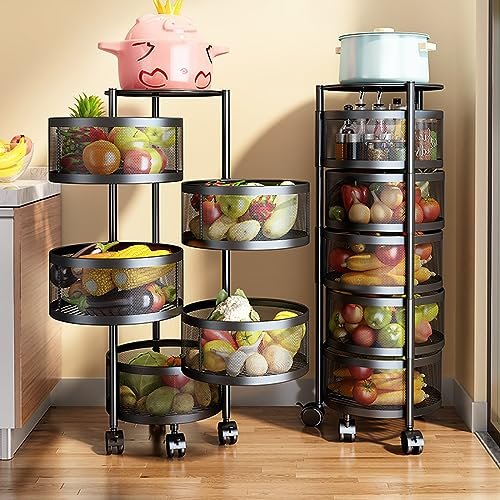 PEALOV Rotating Multi-Layer Kitchen Shelf, 5-Tier Fruit & Vegetable Rack, Black Carbon Steel, Modern Design, 360° Movable, 50kg Capacity