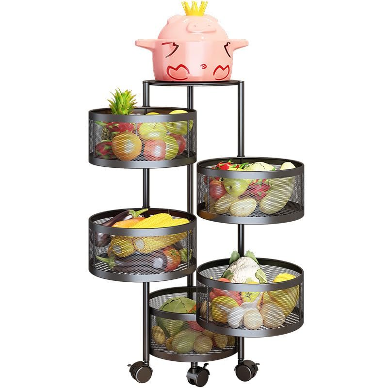PEALOV Rotating Multi-Layer Kitchen Shelf, 5-Tier Fruit & Vegetable Rack, Black Carbon Steel, Modern Design, 360° Movable, 50kg Capacity