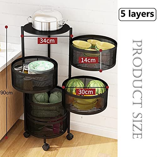 PEALOV Rotating Multi-Layer Kitchen Shelf, 5-Tier Fruit & Vegetable Rack, Black Carbon Steel, Modern Design, 360° Movable, 50kg Capacity