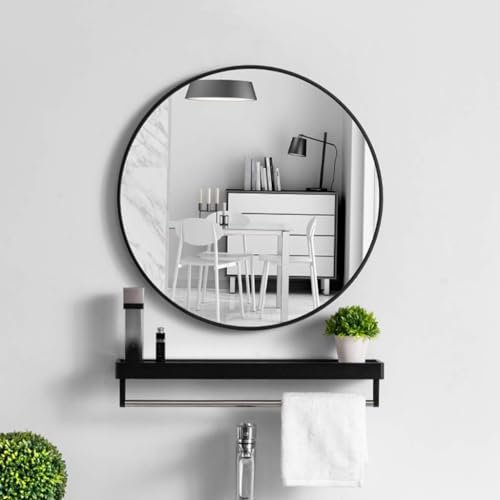 bunca round wall mirror for home decor and bathroom with black metal frame size 40 * 40