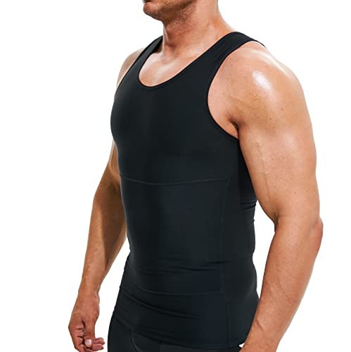 Terland Mens Compression Shirt Slimming Undershirt Body Shaper Vest Workout Tank Tops Shapewear Abs Abdomen Black, XL