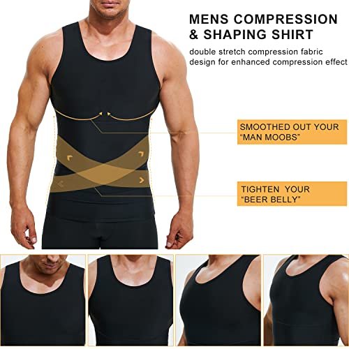 Terland Mens Compression Shirt Slimming Undershirt Body Shaper Vest Workout Tank Tops Shapewear Abs Abdomen Black, XL