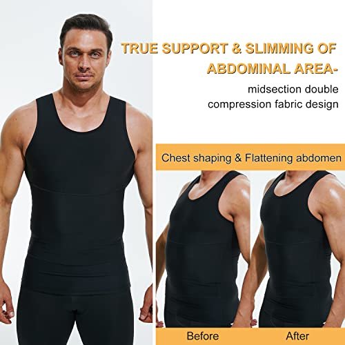 Terland Mens Compression Shirt Slimming Undershirt Body Shaper Vest Workout Tank Tops Shapewear Abs Abdomen Black, XL