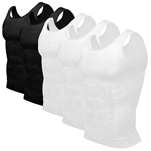 Odoland Mens 5 Pack Body Shaper Slimming Tummy Vest Thermal Compression Shirt Tank Top Shapewear, Black/Black/White/White/White, M