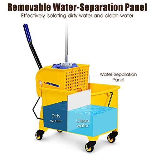 20L Kentucky Mop Bucket, Mobile Cleaning Floor Cart with Wringer, Wheels, Mop Holder and Handle, Janitorial Mop Buckets for Household Commercial (Yellow)