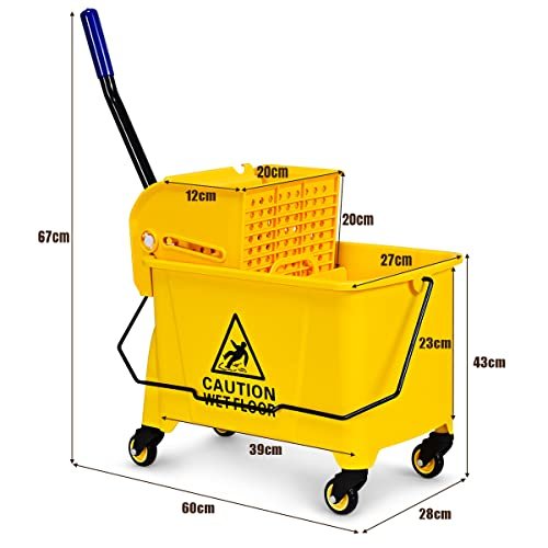 20L Kentucky Mop Bucket, Mobile Cleaning Floor Cart with Wringer, Wheels, Mop Holder and Handle, Janitorial Mop Buckets for Household Commercial (Yellow)