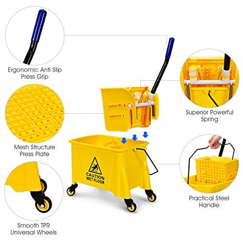 20L Kentucky Mop Bucket, Mobile Cleaning Floor Cart with Wringer, Wheels, Mop Holder and Handle, Janitorial Mop Buckets for Household Commercial (Yellow)