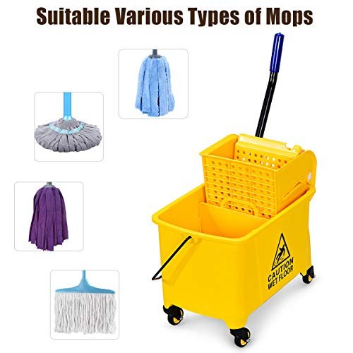 20L Kentucky Mop Bucket, Mobile Cleaning Floor Cart with Wringer, Wheels, Mop Holder and Handle, Janitorial Mop Buckets for Household Commercial (Yellow)