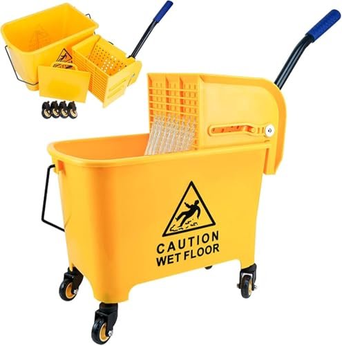 SPOWAY Commercial Mop Bucket with Wheels, Yellow Mop Drainer with Elbow Press, Easy to Store, Suitable for Home/Commercial/Restaurant/Bathroom/Public Floors, Yellow 20 L