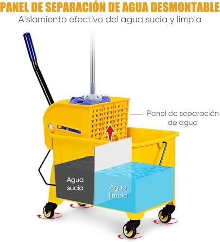 SPOWAY Commercial Mop Bucket with Wheels, Yellow Mop Drainer with Elbow Press, Easy to Store, Suitable for Home/Commercial/Restaurant/Bathroom/Public Floors, Yellow 20 L