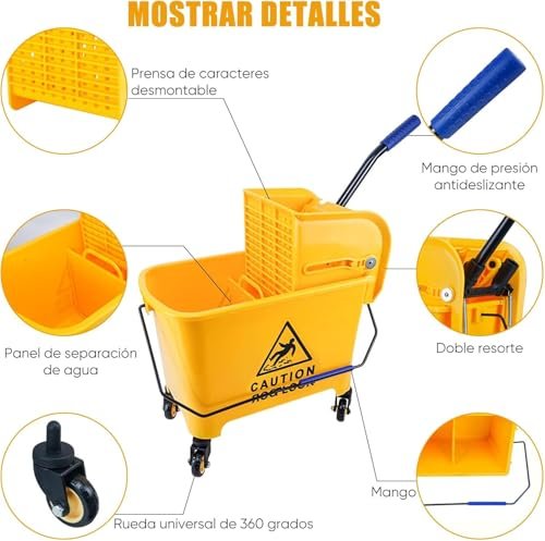 SPOWAY Commercial Mop Bucket with Wheels, Yellow Mop Drainer with Elbow Press, Easy to Store, Suitable for Home/Commercial/Restaurant/Bathroom/Public Floors, Yellow 20 L