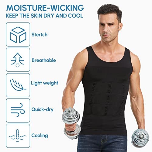 Aptoco Compression Shirts for Men Slimming,Men Body Shaper Fajas para Hombres Undershirt for Men's Gynecomastia, Black, Large, Black