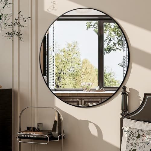 GLSLAND Circle Mirror for Wall 20 inch - Round Mirrors for Bathroom, Entryway, Living Room, Hallway Wall Decor Small Frame Mirror,Black