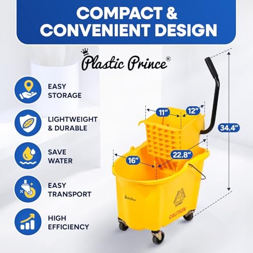 PLASTIC PRINCE Commercial Yellow Mop Bucket and Side Press Wringer, 26 Qt, Perfect for Professional/Industrial/Business/Household