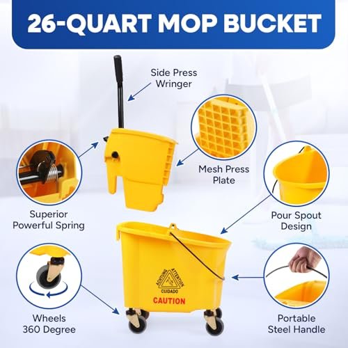 PLASTIC PRINCE Commercial Yellow Mop Bucket and Side Press Wringer, 26 Qt, Perfect for Professional/Industrial/Business/Household