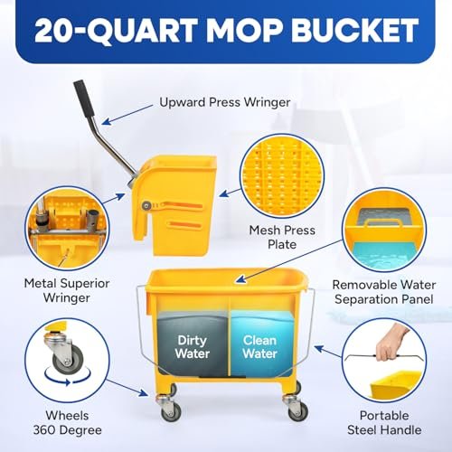 PLASTIC PRINCE Commercial Yellow Mop Bucket and Side Press Wringer, 20 Qt, Perfect for Professional/Industrial/Business/Household