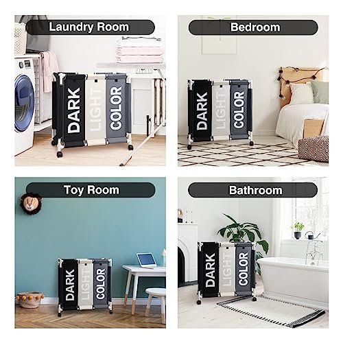 ASHARE Laundry Sorter 3 Section Laundry Hamper Basket with Rolling Wheels Laundry Organizer Cart for Bathroom Bedroom Nursery (White+Grey+Black)