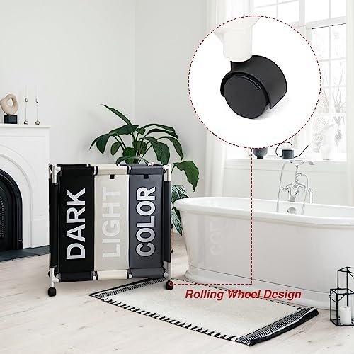 ASHARE Laundry Sorter 3 Section Laundry Hamper Basket with Rolling Wheels Laundry Organizer Cart for Bathroom Bedroom Nursery (White+Grey+Black)