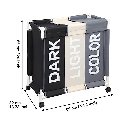 ASHARE Laundry Sorter 3 Section Laundry Hamper Basket with Rolling Wheels Laundry Organizer Cart for Bathroom Bedroom Nursery (White+Grey+Black)