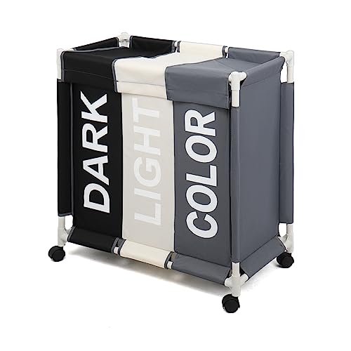 ASHARE Laundry Sorter 3 Section Laundry Hamper Basket with Rolling Wheels Laundry Organizer Cart for Bathroom Bedroom Nursery (White+Grey+Black)