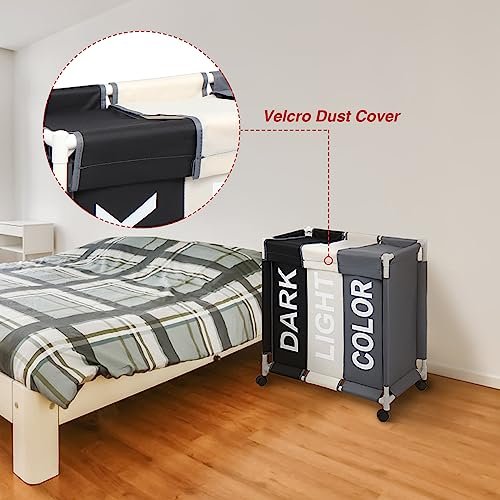 ASHARE Laundry Sorter 3 Section Laundry Hamper Basket with Rolling Wheels Laundry Organizer Cart for Bathroom Bedroom Nursery (White+Grey+Black)