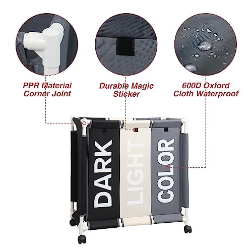 ASHARE Laundry Sorter 3 Section Laundry Hamper Basket with Rolling Wheels Laundry Organizer Cart for Bathroom Bedroom Nursery (White+Grey+Black)