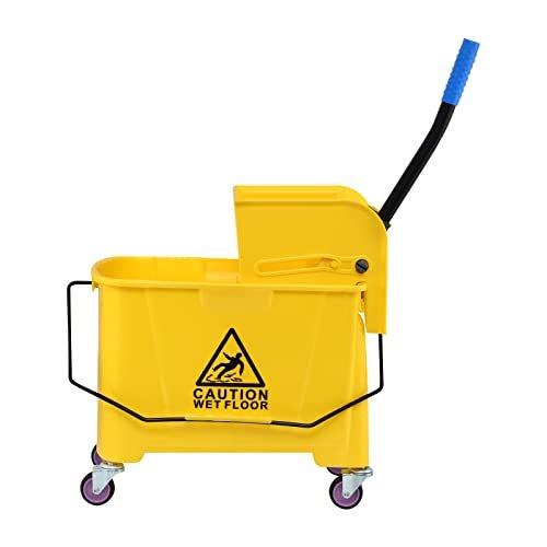 Youwise Commercial Mop Bucket with Wringer On Wheels, 5 Gallon 21Qt Plastic Side Press Wringer Household Portable Mop Bucket for Household and Commercial Use Floor Cleaning, Yellow