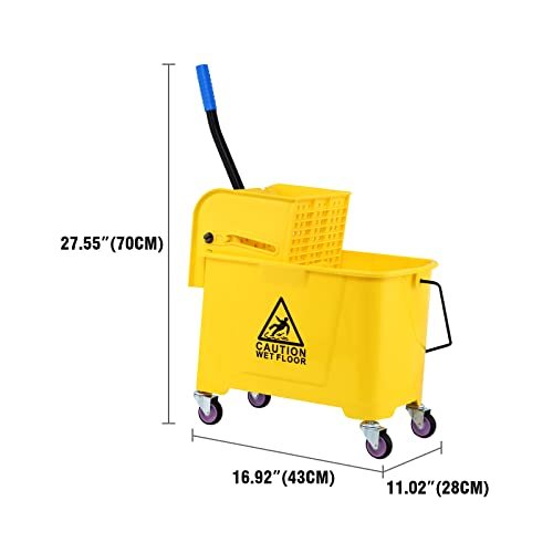 Youwise Commercial Mop Bucket with Wringer On Wheels, 5 Gallon 21Qt Plastic Side Press Wringer Household Portable Mop Bucket for Household and Commercial Use Floor Cleaning, Yellow