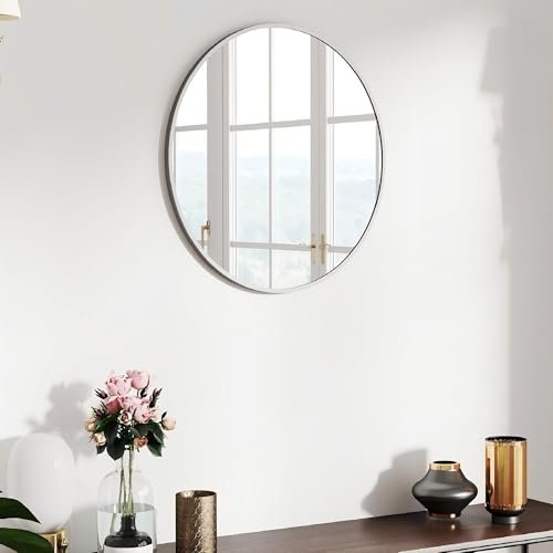 SCWF-GZ 20" Round Mirror Circle Wall Mounted Hanging or Against Wall Metal Frame Dressing Make-up Mirrors for Entryway Bedroom Bathroom Living Room 20 inch Silver