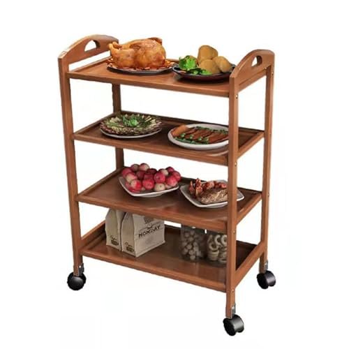 LINGWEI Bamboo Kitchen Trolley Cart with Wheels - Wooden Serving & Utility Cart with Storage Shelves, Wine Rack, Tea & Bar Station - Rolling Food & Drink Organizer for Home (4-Floor)