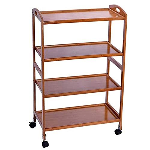 LINGWEI Bamboo Kitchen Trolley Cart with Wheels - Wooden Serving & Utility Cart with Storage Shelves, Wine Rack, Tea & Bar Station - Rolling Food & Drink Organizer for Home (4-Floor)
