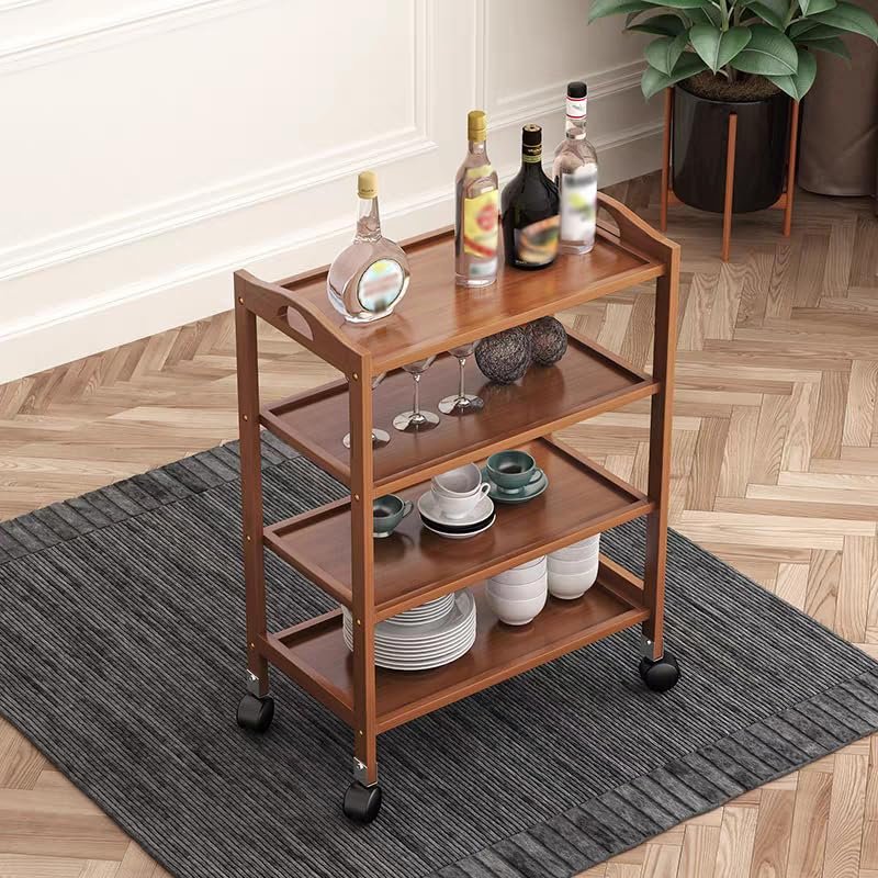 LINGWEI Bamboo Kitchen Trolley Cart with Wheels - Wooden Serving & Utility Cart with Storage Shelves, Wine Rack, Tea & Bar Station - Rolling Food & Drink Organizer for Home (4-Floor)