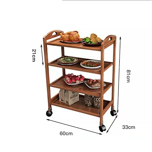 LINGWEI Bamboo Kitchen Trolley Cart with Wheels - Wooden Serving & Utility Cart with Storage Shelves, Wine Rack, Tea & Bar Station - Rolling Food & Drink Organizer for Home (4-Floor)